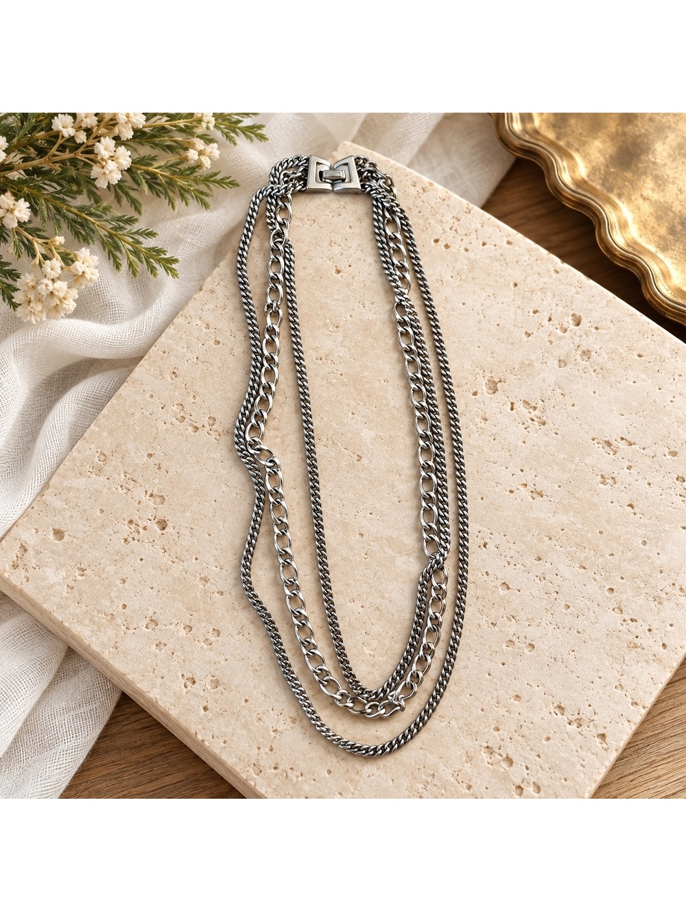 Vintage Crown Trifari Silver Tone Three Strand Layered Link Chain Necklace Clasp